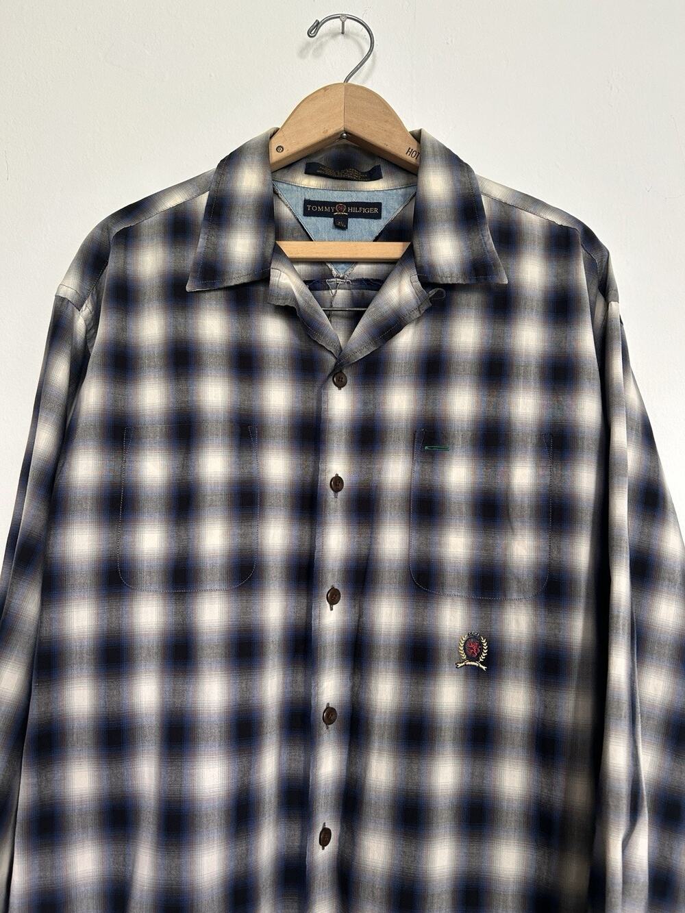 Vintage Tommy Hilfiger Shadow Plaid Loop Collar Camp Long Sleeve Button Up XL